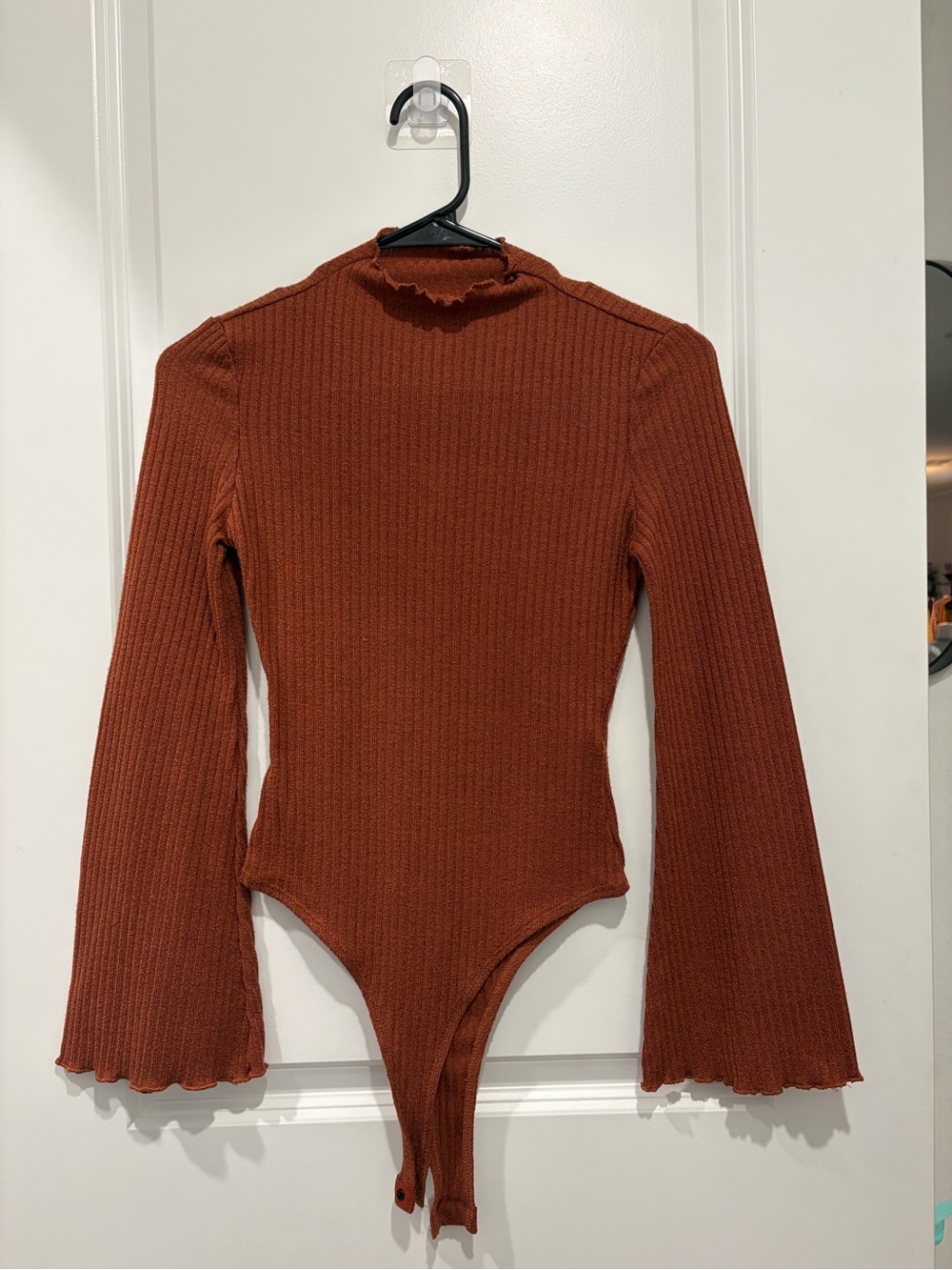Rust Ribbed Long-Sleeve Mock Neck One-Piece Bodysuit